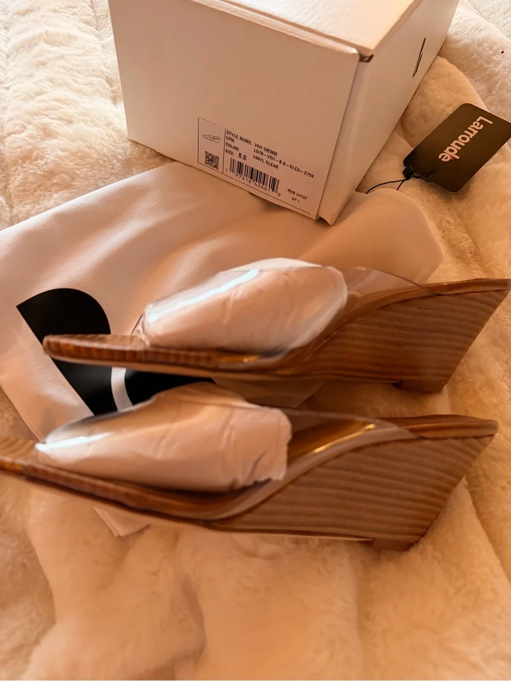 Larroude Clear Vinyl Wedge Mule with Tan Wood-Effect Heel
